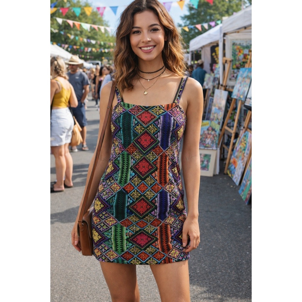 Embroidered Festival Mini Dress Colorful Geometric Square Neck‎ S NWT